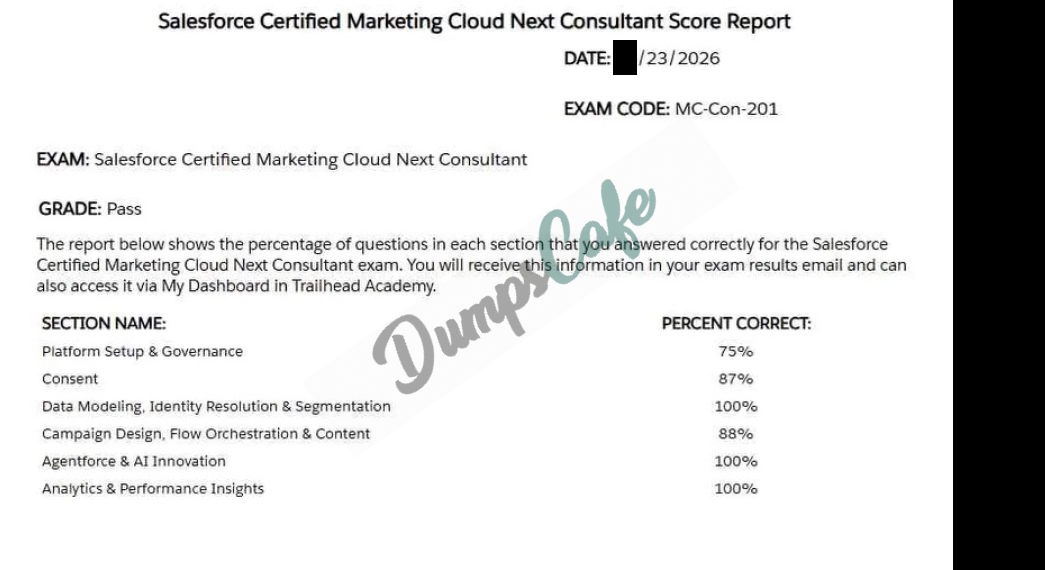 Real exam score card with a passing MC-Con-201 grade 1