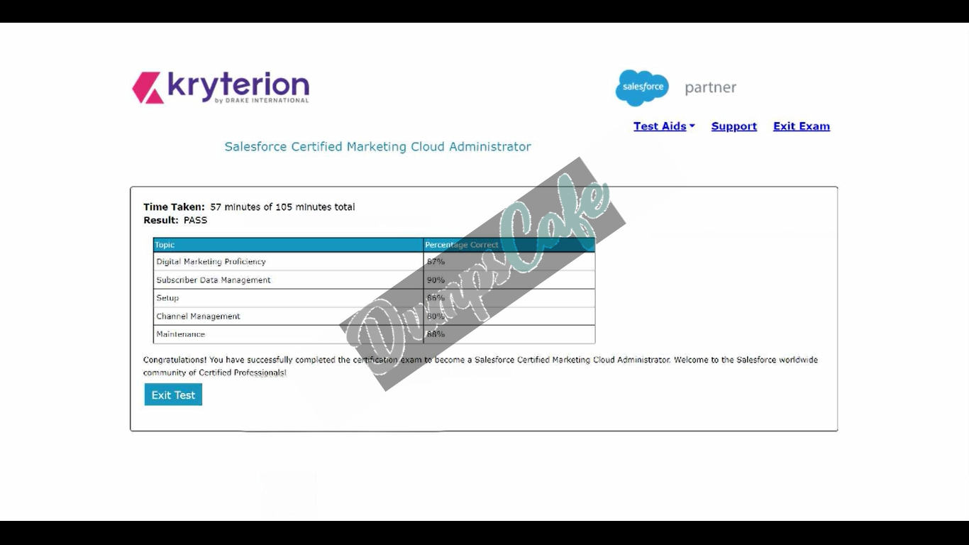 Real exam score card with a passing Marketing-Cloud-Administrator grade 1