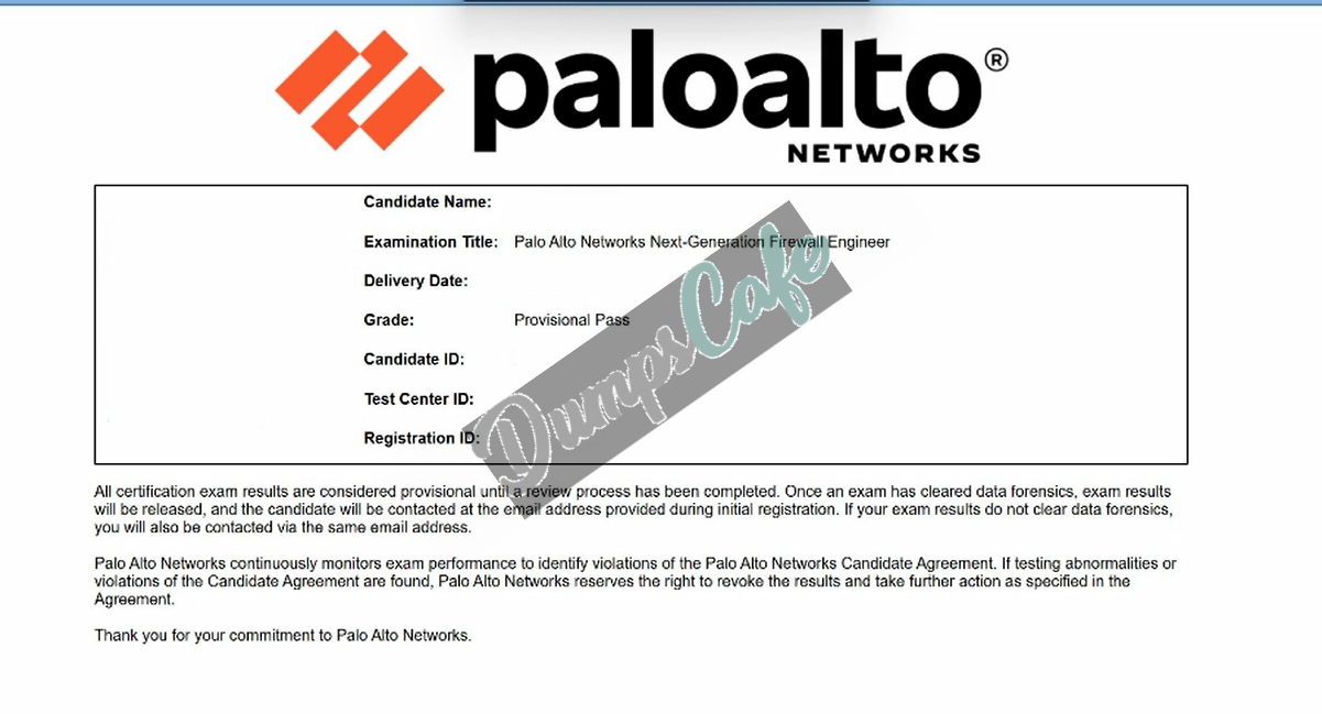 Real exam score card with a passing NGFW-Engineer grade 1