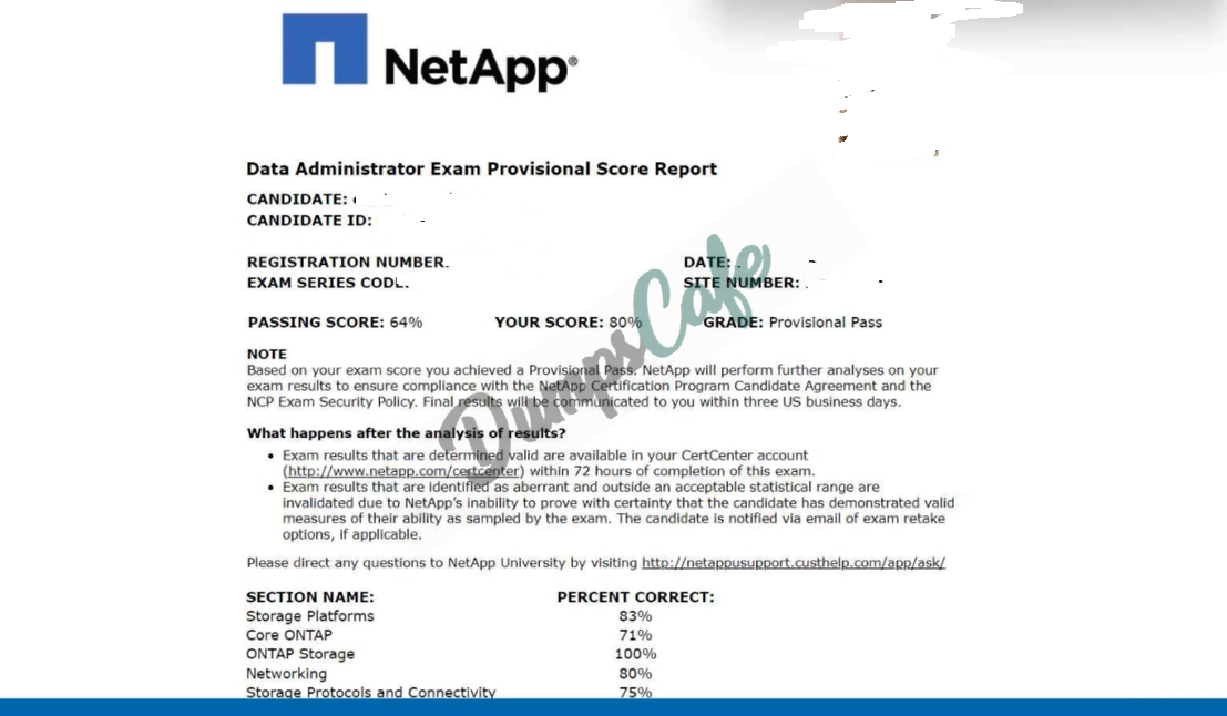 Real exam score card with a passing NS0-162 grade 1