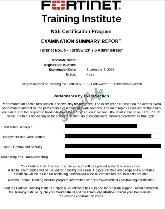Real exam score card with a passing NSE5_FSW_AD-7.6 grade 2