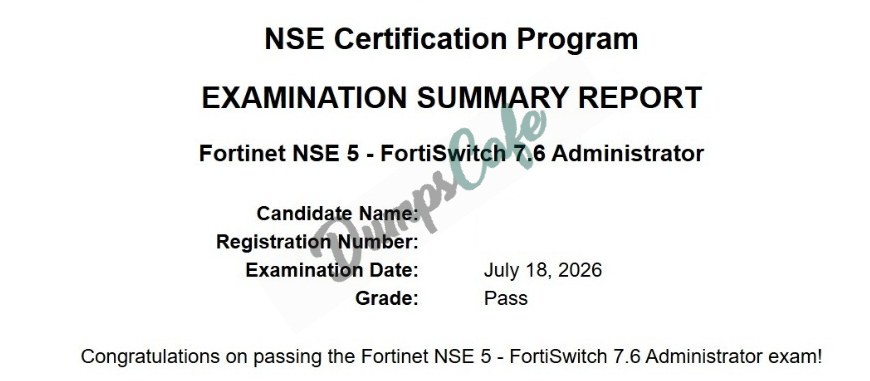 Real exam score card with a passing NSE5_FSW_AD-7.6 grade 1