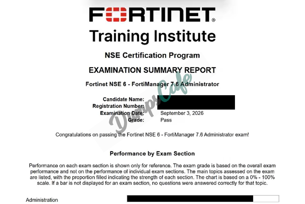 Real exam score card with a passing NSE6_FMG_AD-7.6 grade 1