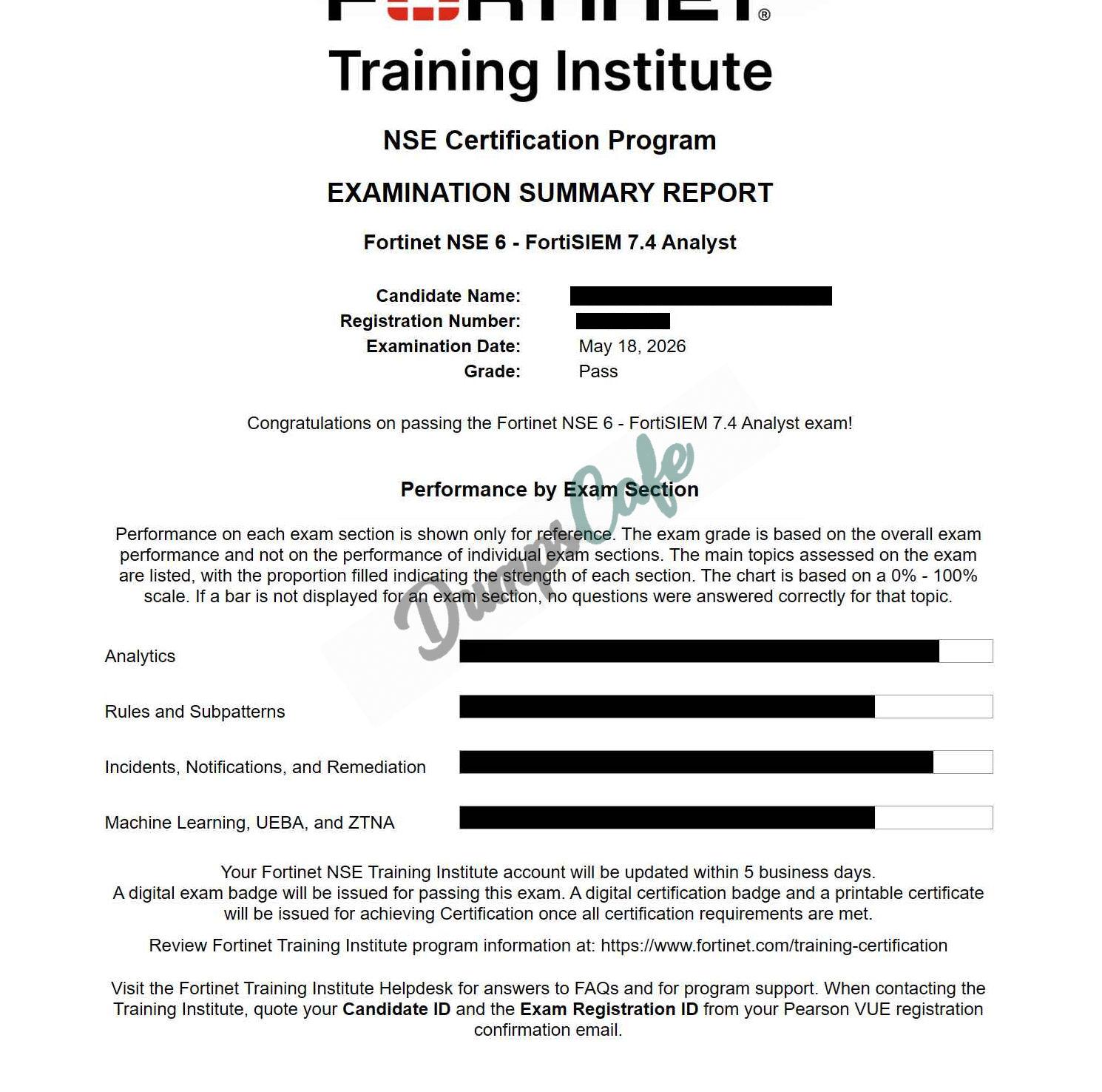 Real exam score card with a passing NSE6_FSM_AN-7.4 grade 1