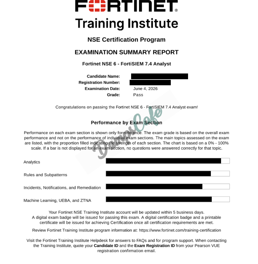 Real exam score card with a passing NSE6_FSM_AN-7.4 grade 2