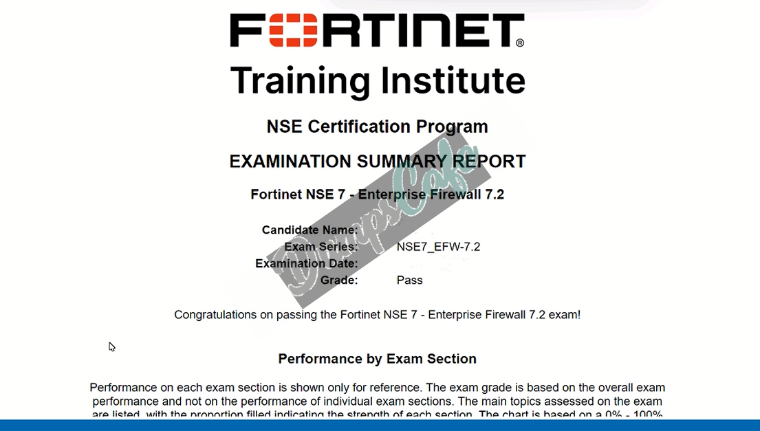 Real exam score card with a passing NSE7_EFW-7.2 grade 1