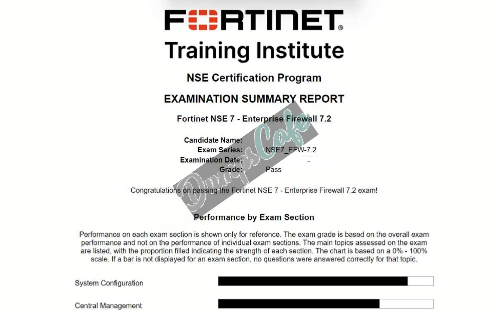 Real exam score card with a passing NSE7_EFW-7.2 grade 3
