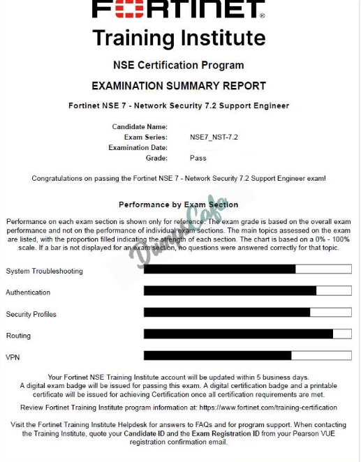 Real exam score card with a passing NSE7_NST-7.2 grade 1