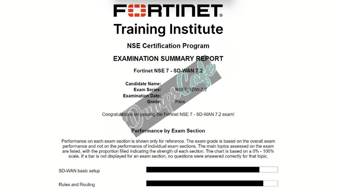Real exam score card with a passing NSE7_SDW-7.2 grade 1