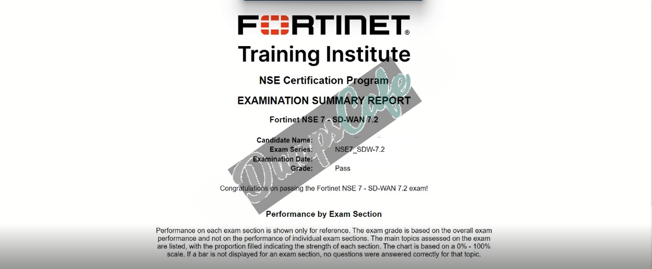 Real exam score card with a passing NSE7_SDW-7.2 grade 3