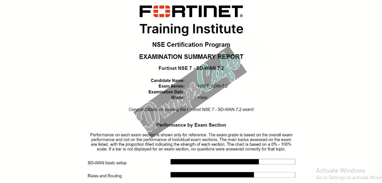 Real exam score card with a passing NSE7_SDW-7.2 grade 4
