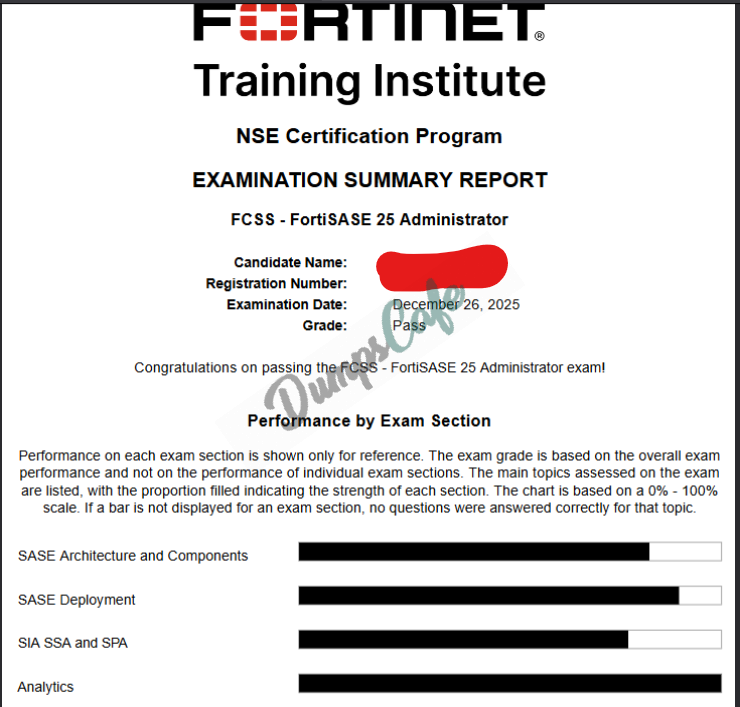 Real exam score card with a passing NSE7_SSE_AD-25 grade 1