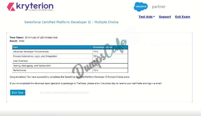 Real exam score card with a passing PDII grade 1