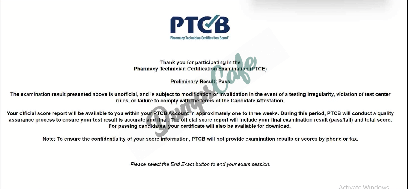 Real exam score card with a passing PTCE grade 1
