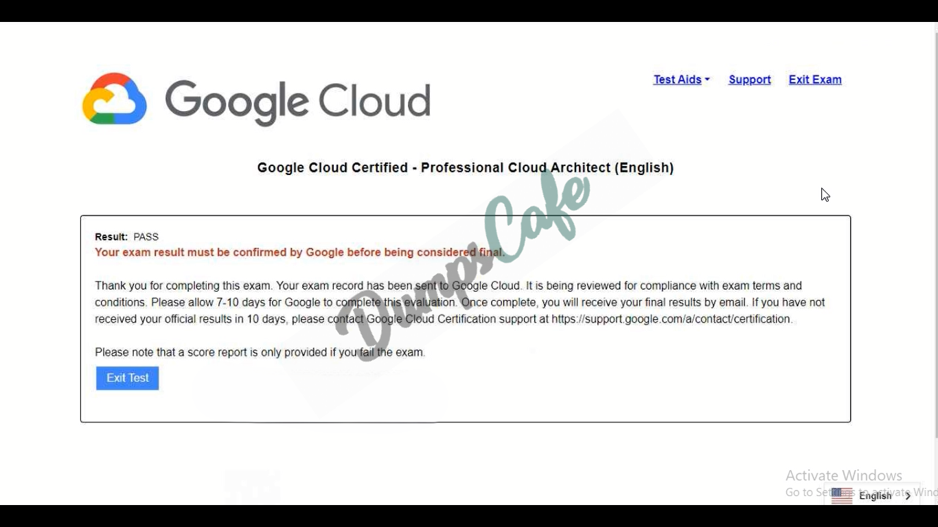 Real exam score card with a passing Professional-Cloud-Architect grade 1