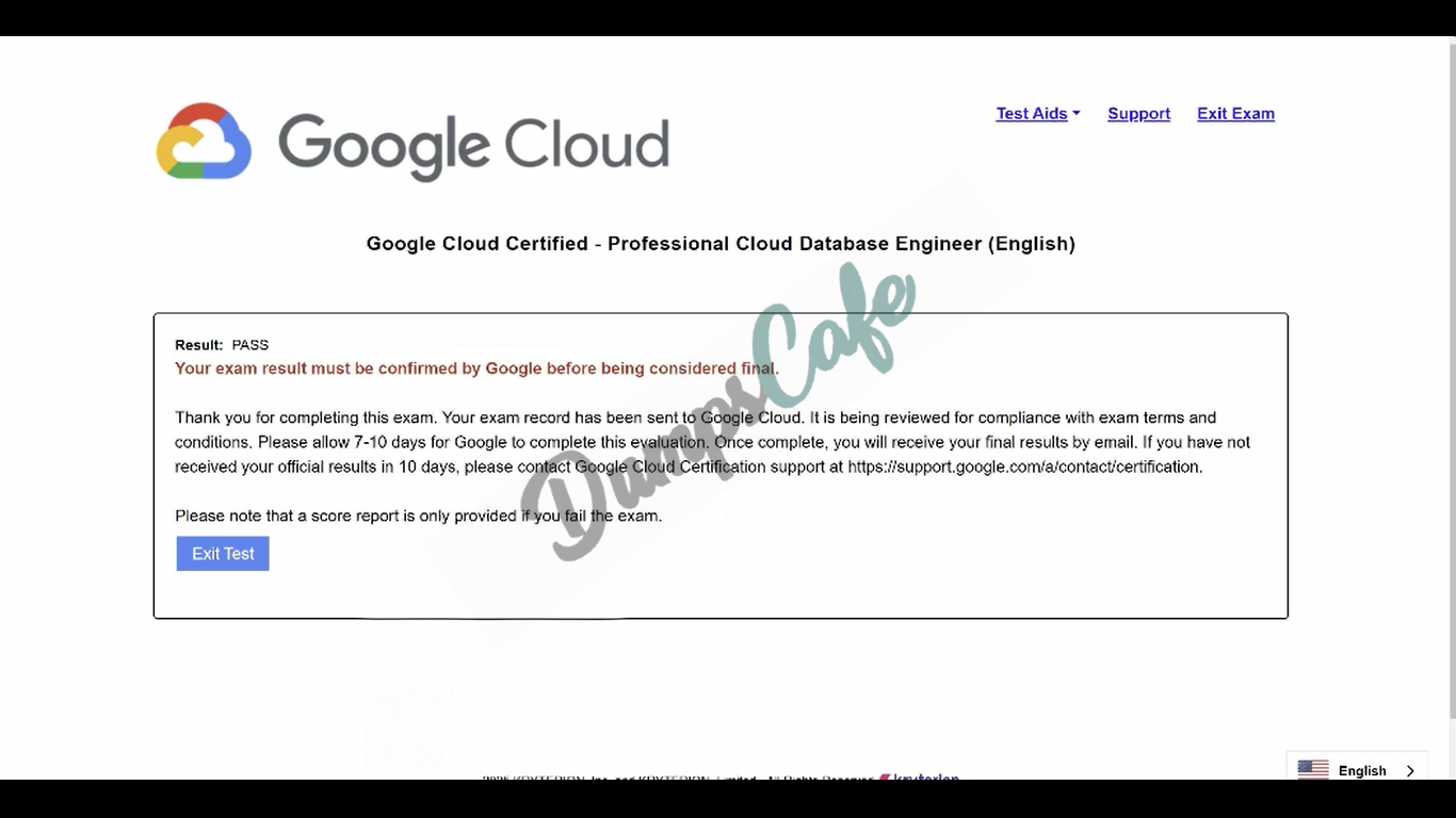 Real exam score card with a passing Professional-Cloud-Database-Engineer grade 1