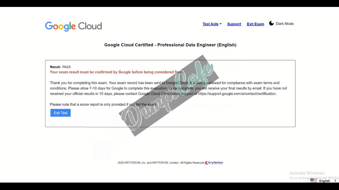 Real exam score card with a passing Professional-Data-Engineer grade 1