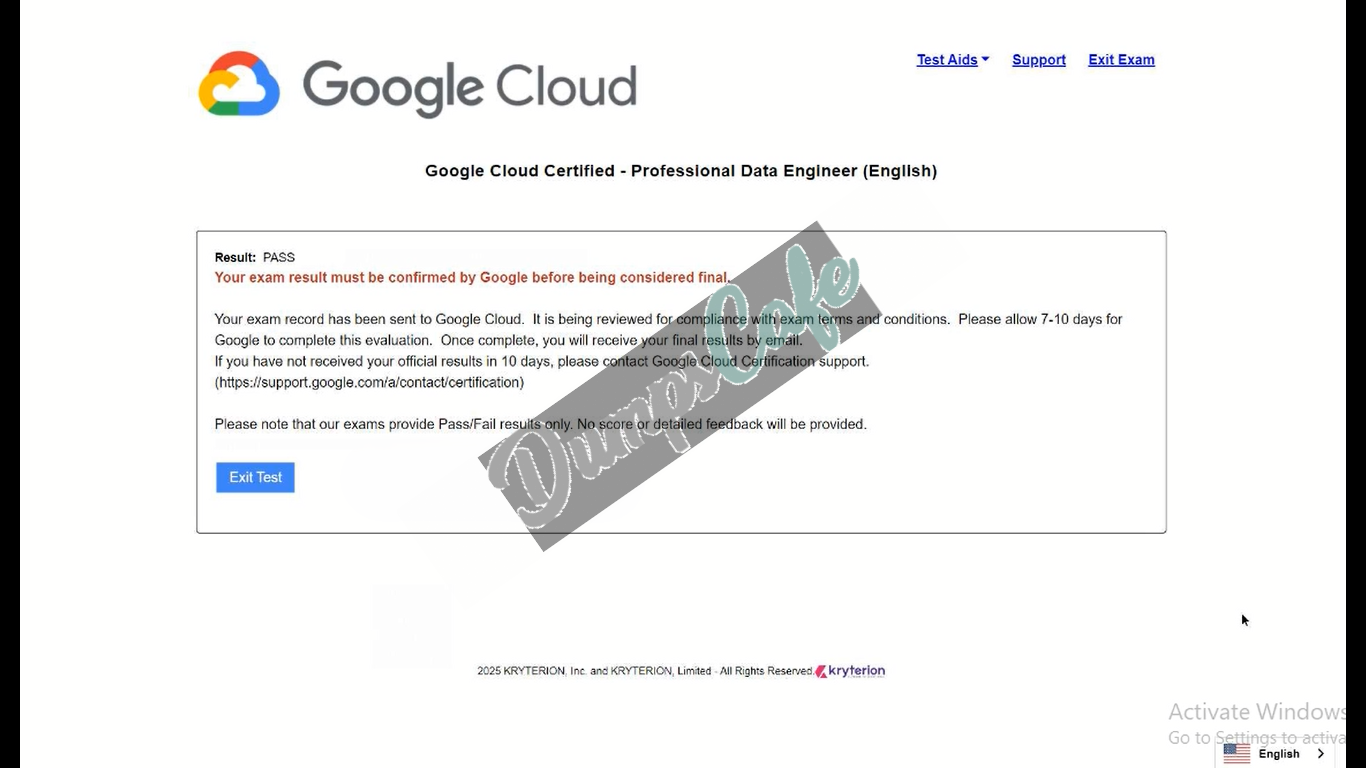 Real exam score card with a passing Professional-Data-Engineer grade 2