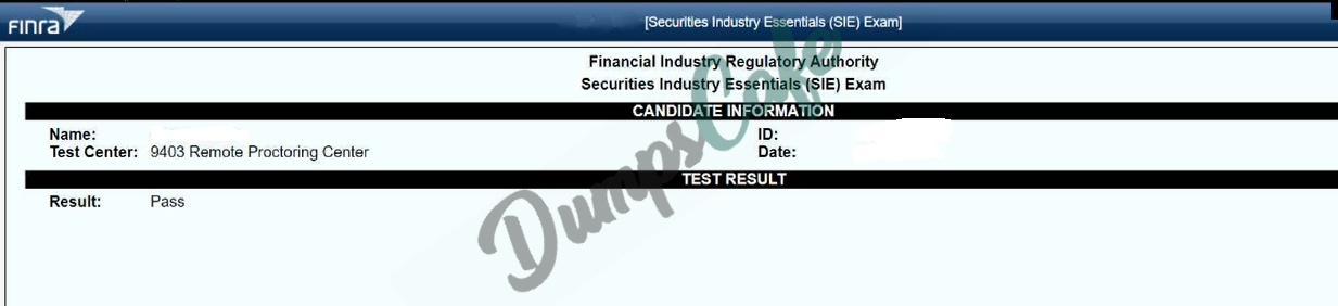Real exam score card with a passing SIE grade 1