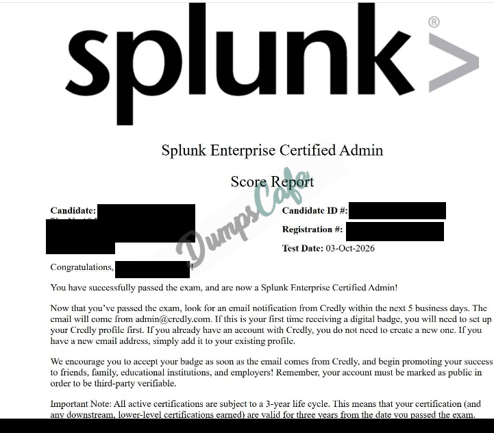 Real exam score card with a passing SPLK-1003 grade 1