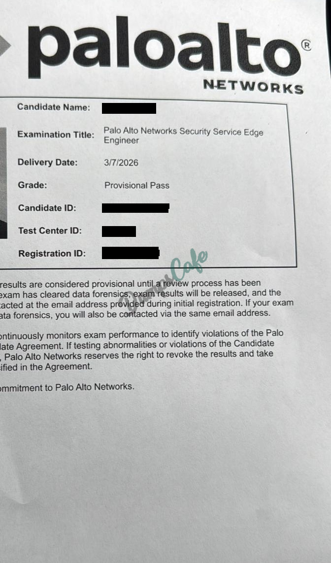 Real exam score card with a passing SSE-Engineer grade 3