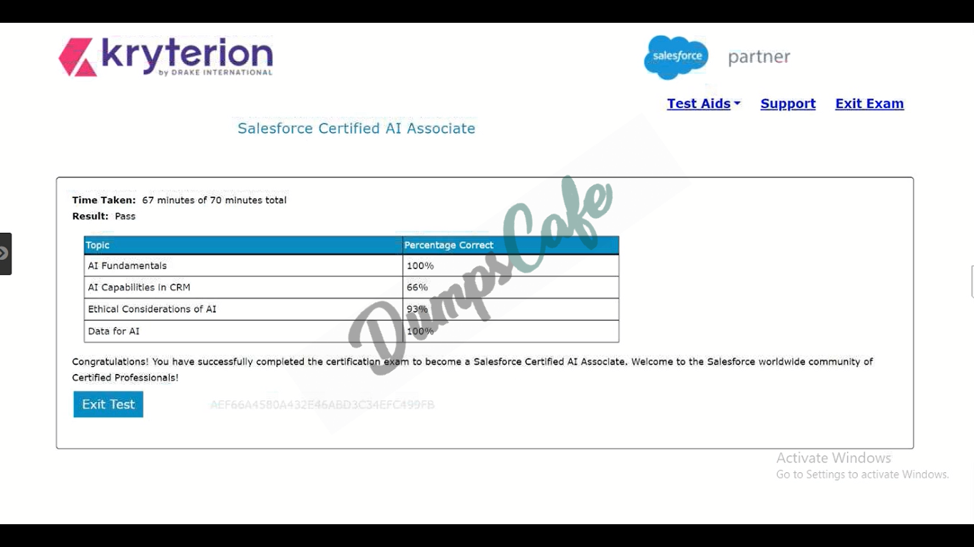 Real exam score card with a passing Salesforce-AI-Associate grade 1