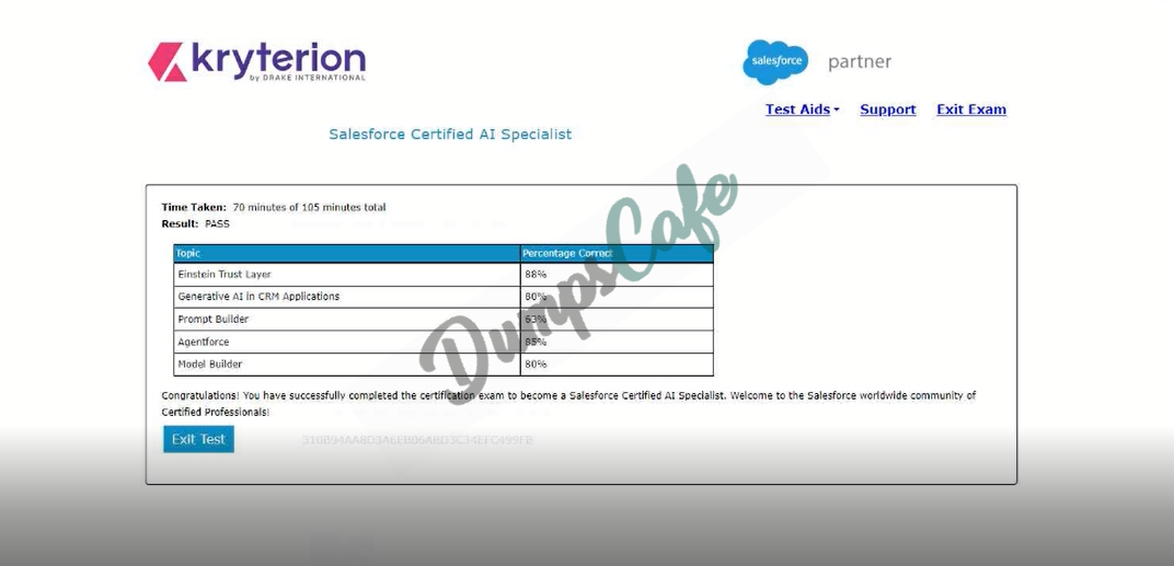 Real exam score card with a passing Salesforce-AI-Specialist grade 2