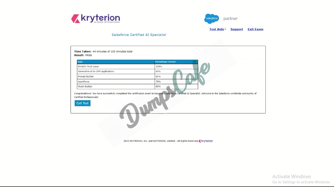 Real exam score card with a passing Salesforce-AI-Specialist grade 1