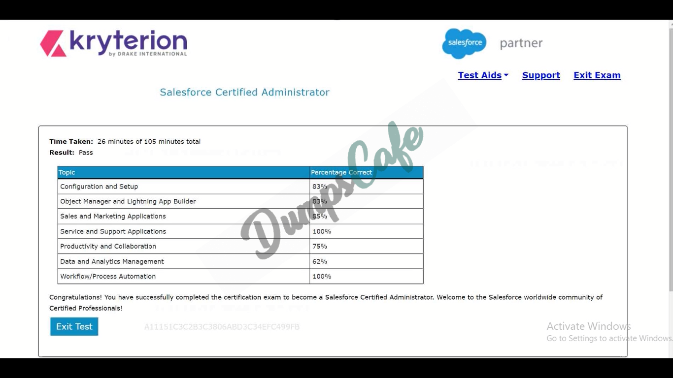 Real exam score card with a passing Salesforce-Certified-Administrator grade 1