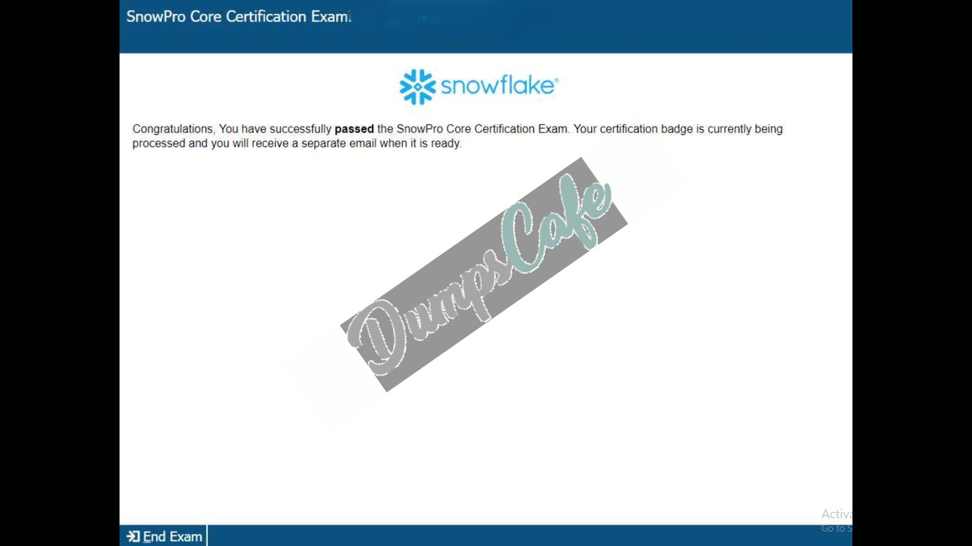 Real exam score card with a passing SnowPro-Core grade 1
