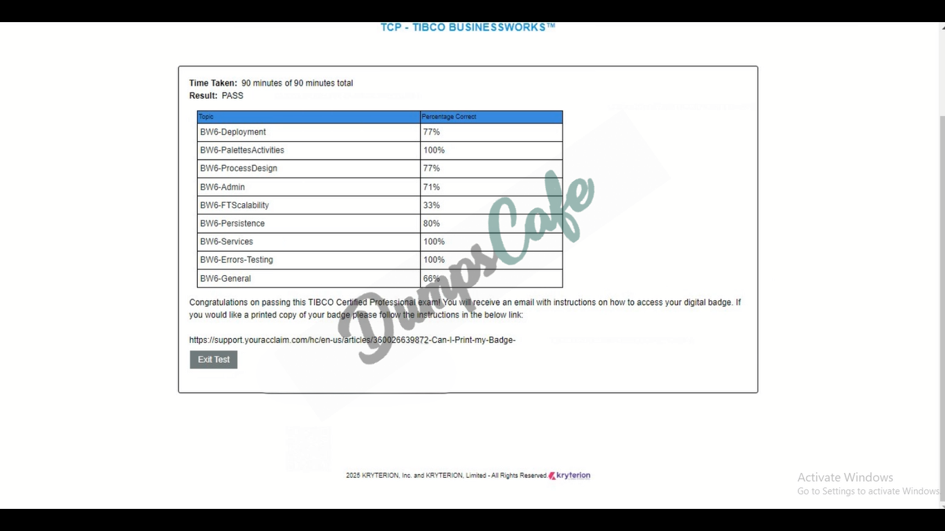 Real exam score card with a passing TCA-Tibco-BusinessWorks grade 1