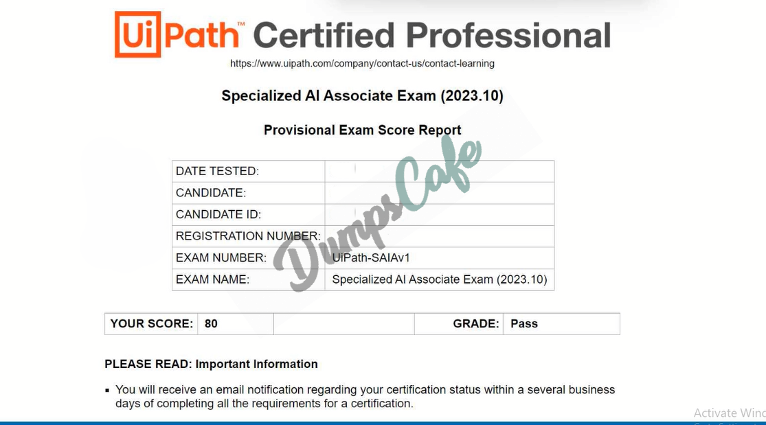 Real exam score card with a passing UiPath-SAIAv1 grade 1